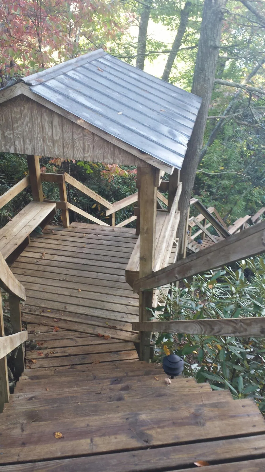 Metal roofed shelter over wooden steps on a wooded walkway — Skylight Repair & Installation work by our crew in Bullock